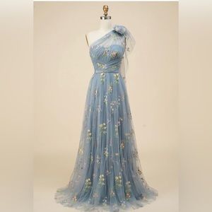 Size 8 Women’s Zapaka Prom Dress, worn once. Blue Floral one shoulder